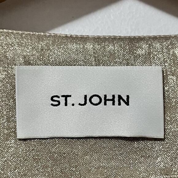 St. John Metallic Champagne V Neck Gown Size L Side Slit Luxe Maxi Dress - FLAWS - Picture 9 of 12